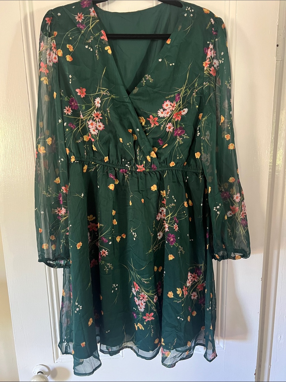 Cupshe Teal Green Floral Long-Sleeve V-Neck Dress
